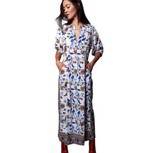 NWT John & Mickie Cortez Maxi Dress Womens 3 Large White Blue Floral Cotton NEW